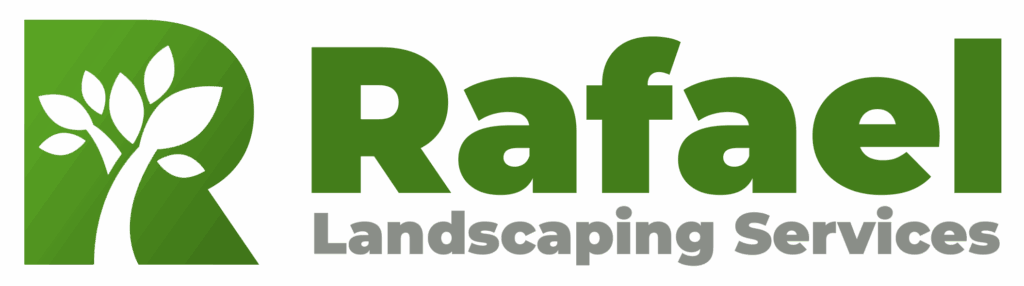 Logo for Rafael Landscaping Services featuring a stylized green letter "R" with a tree design, and the company name in green and gray text.