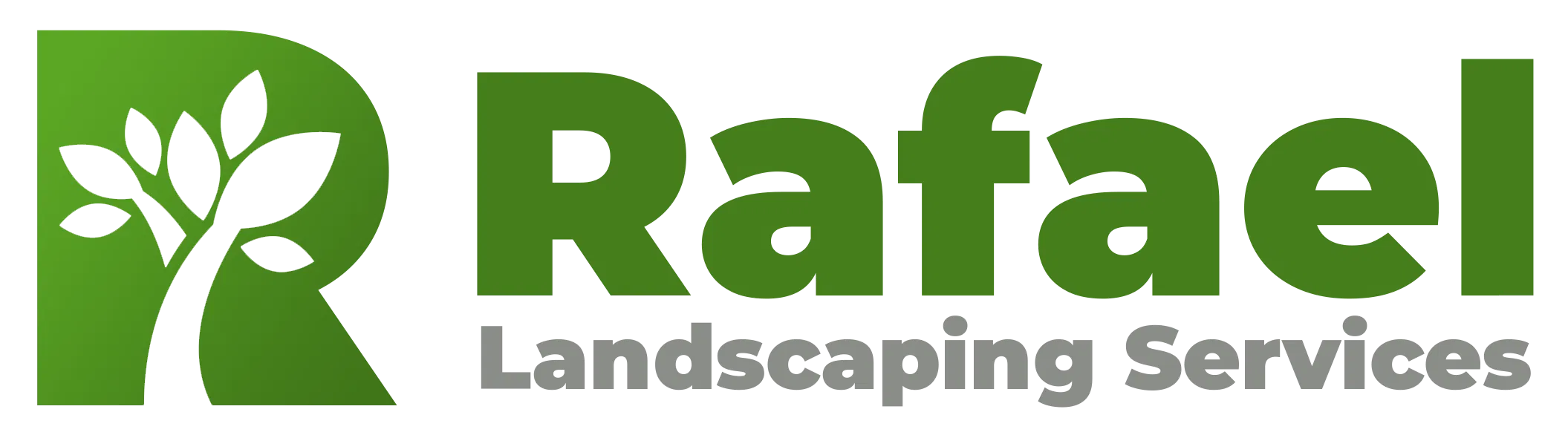 Logo for Rafael Landscaping Services featuring a stylized green letter "R" with a tree design, and the company name in green and gray text.